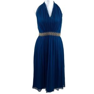 Maggy London Teal‎ Crepey 100% Silk Halter Midi Dress with Beaded Waist Sz 10